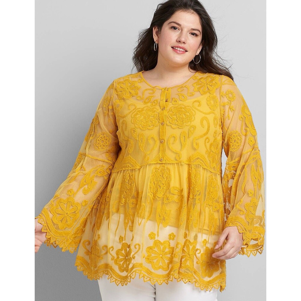 Lane Bryant Yellow Embroidered Lace Babydoll Crew Neck Blouse Women's Size 22/24